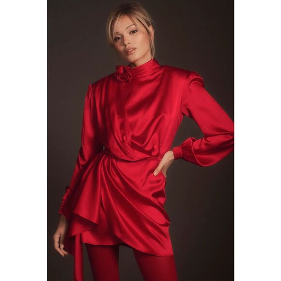 NWT Ronny Kobo Rocky Satin Silk-Blend Long Sleeve Draped Mini Dress Red XL $598 - Picture 1 of 11